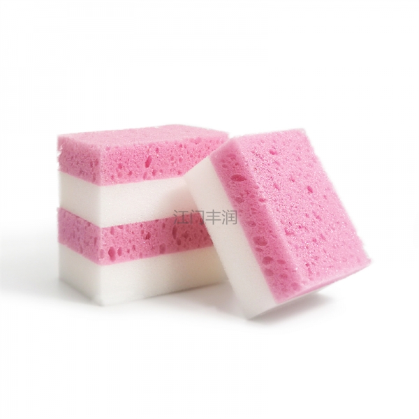 Pink double layer dishwashing sponge