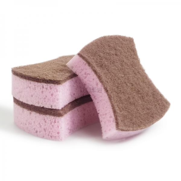 Pink and brown dishwashing sponge wipe